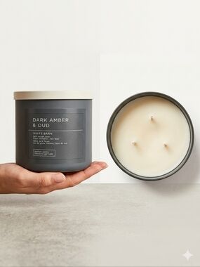 White Barn Dark Amber & Oud Candle - Gray Jar with Cream Wax